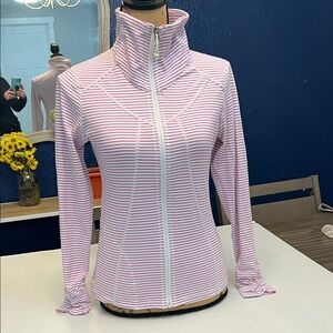 LOLE WOMENS ZIP UP ATHLETIC RUNNING WALKING STRIPED JACKET UPF 50+ MEDIUM